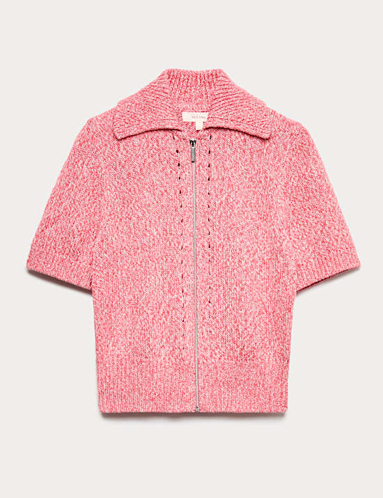 Pure Cotton Pointelle Polo Collar Zip Up Cardigan