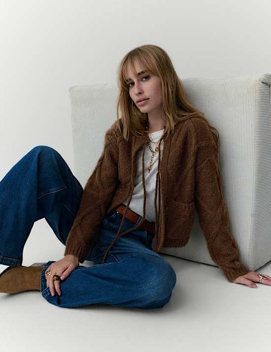 Tie Front Fluffy Cardigan with Alpaca