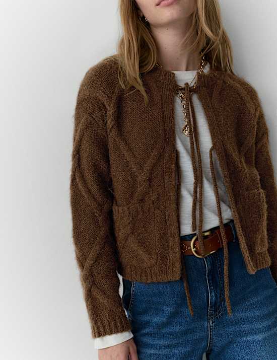 Tie Front Fluffy Cardigan with Alpaca