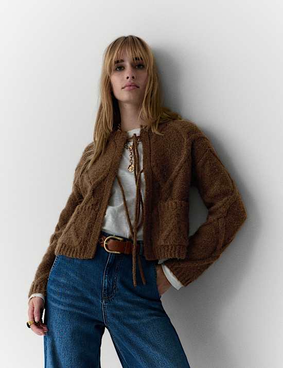 Tie Front Fluffy Cardigan with Alpaca