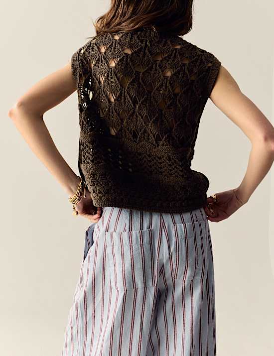 Cotton Rich Knitted Fringed Tie Front Waistcoat