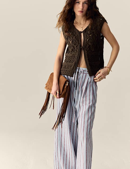 Cotton Rich Knitted Fringed Tie Front Waistcoat