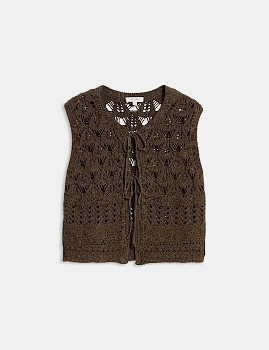 Cotton Rich Knitted Fringed Tie Front Waistcoat