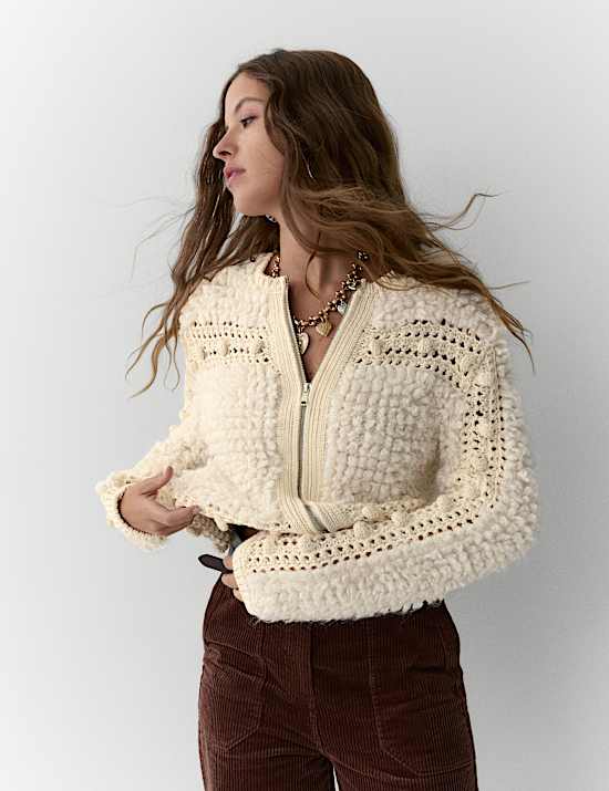 Textured Round Neck Zip Up Cropped Cardigan