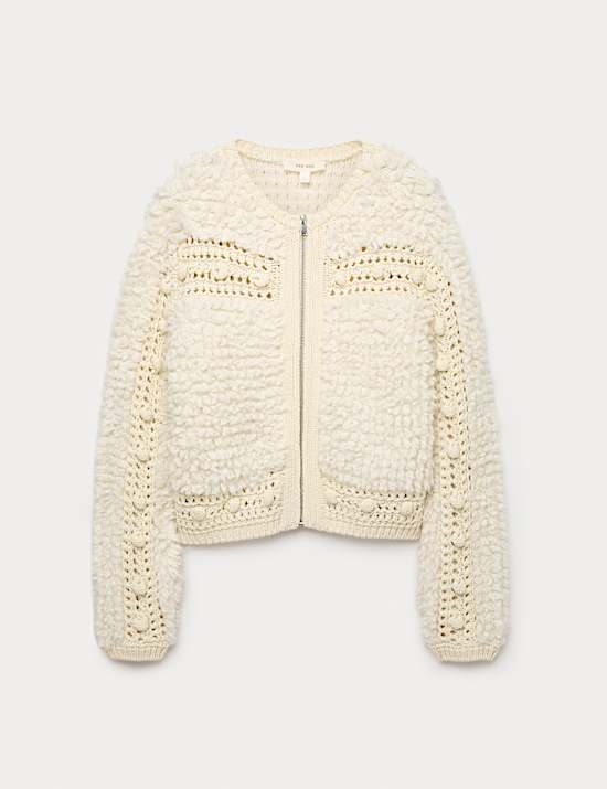 Textured Round Neck Zip Up Cropped Cardigan
