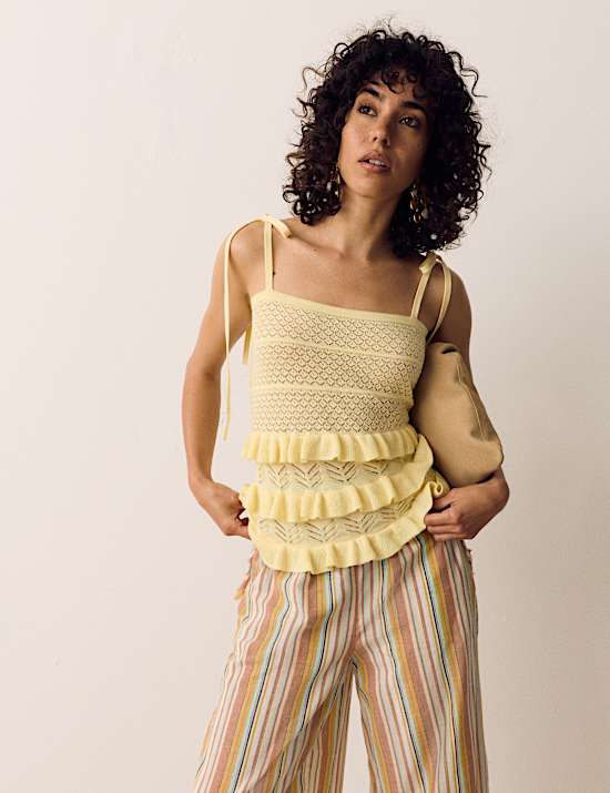 Cotton Rich Pointelle Ruffle Cami Top