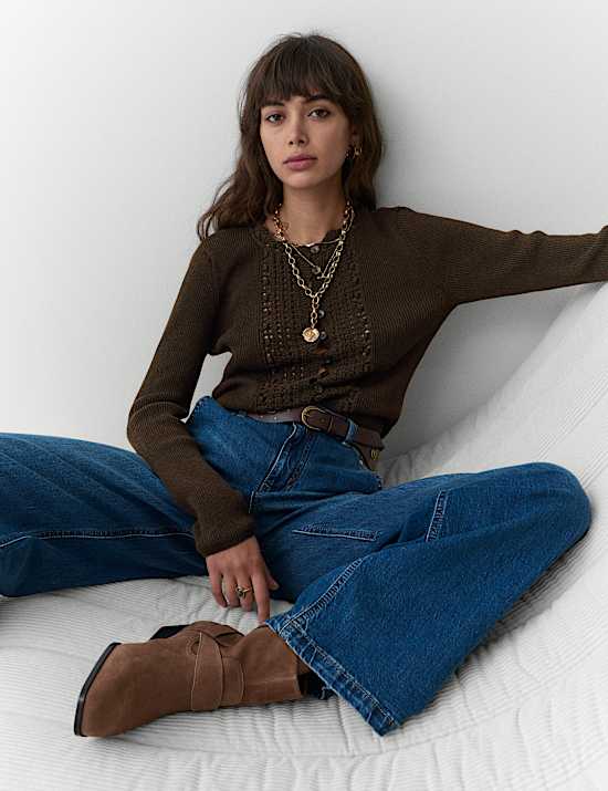 Crochet Style Trim Knitted Cardigan