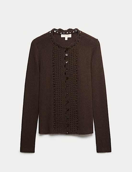 Crochet Style Trim Knitted Cardigan