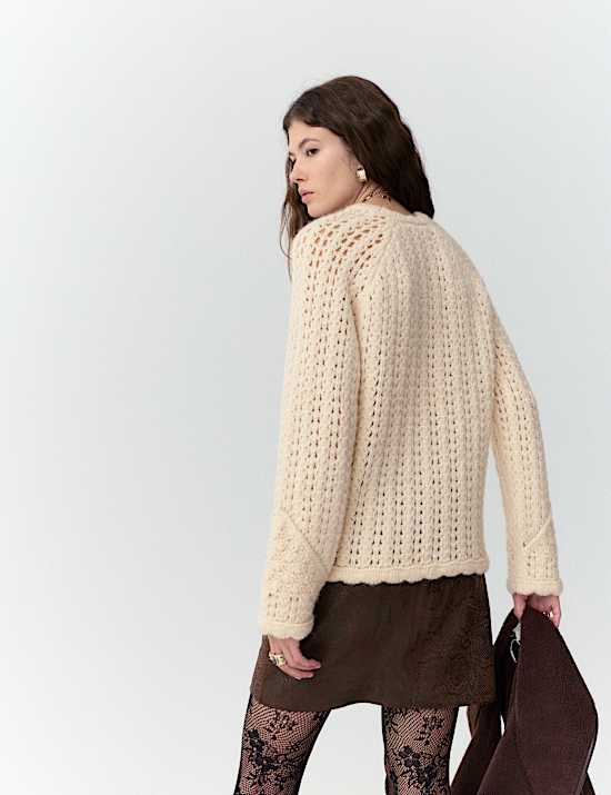 Chunky Pointelle Crew Neck Jumper with Wool