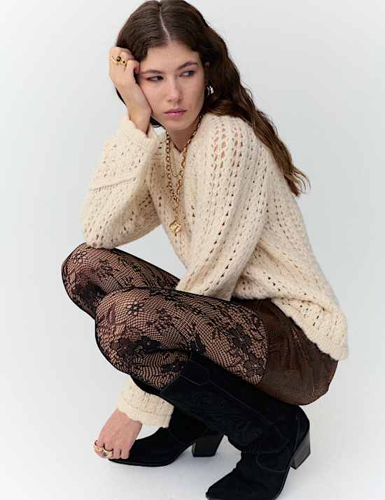 Chunky Pointelle Crew Neck Jumper with Wool