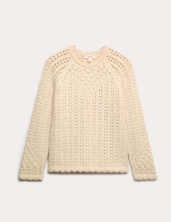 Chunky Pointelle Crew Neck Jumper with Wool