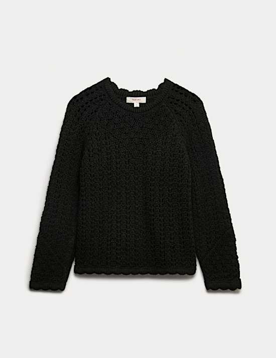 Chunky Pointelle Crew Neck Jumper with Wool