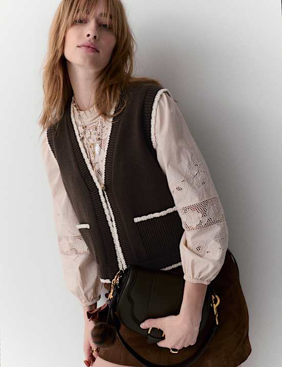 Scallop Edge Detail Knitted Tabard With Wool