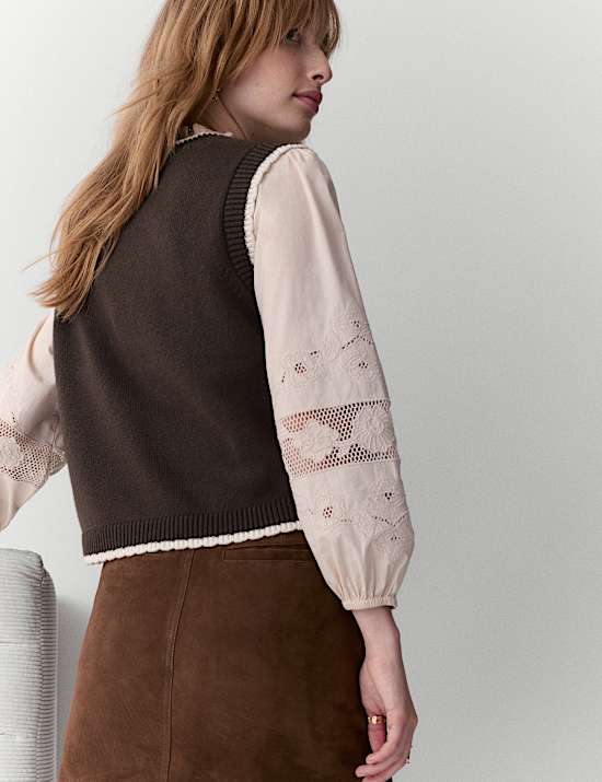 Scallop Edge Detail Knitted Tabard With Wool