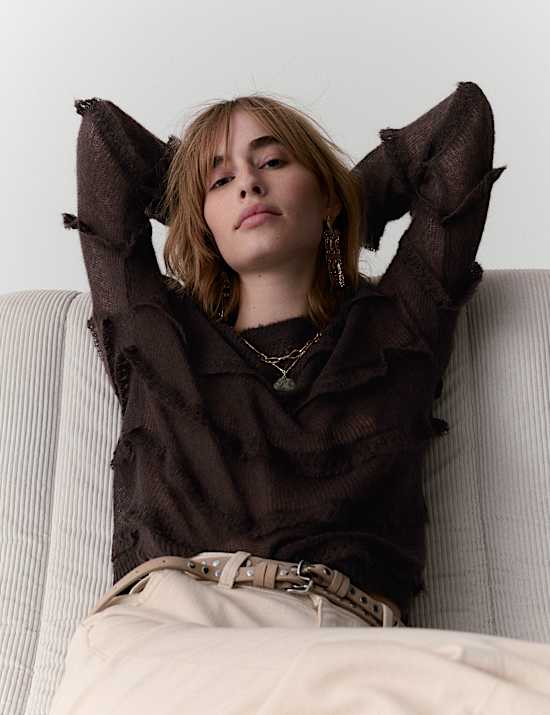 Knitted Crew Neck Ruffle Jumper with Mohair