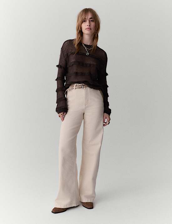 Knitted Crew Neck Ruffle Jumper with Mohair