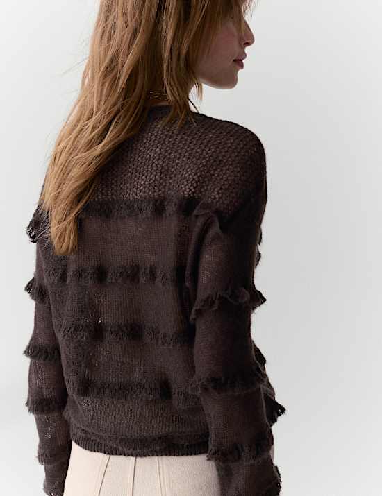 Knitted Crew Neck Ruffle Jumper with Mohair