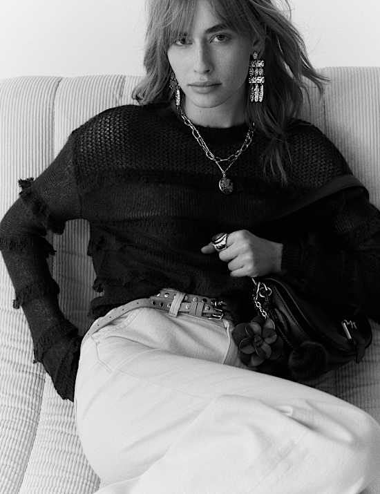 Knitted Crew Neck Ruffle Jumper with Mohair