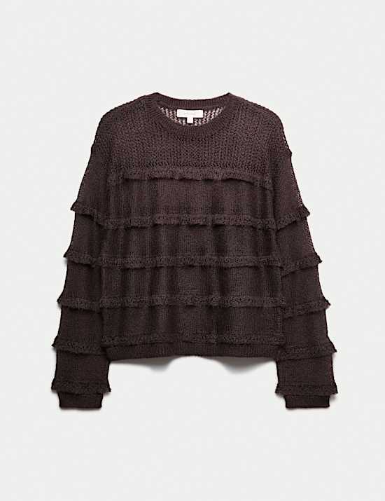 Knitted Crew Neck Ruffle Jumper with Mohair