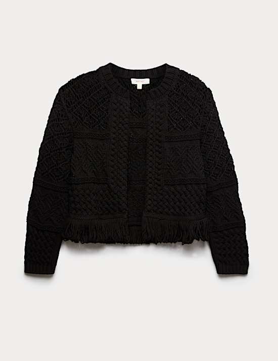 Cotton Rich Fringed Hem Cardigan