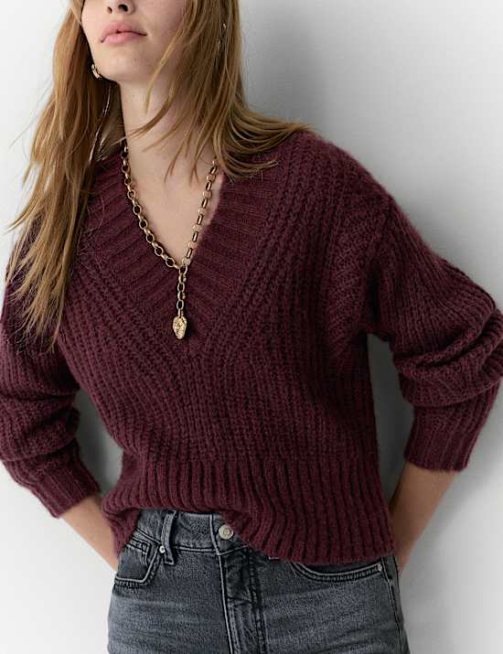 Ribbed V-Neck Puff Sleeve Jumper with Wool