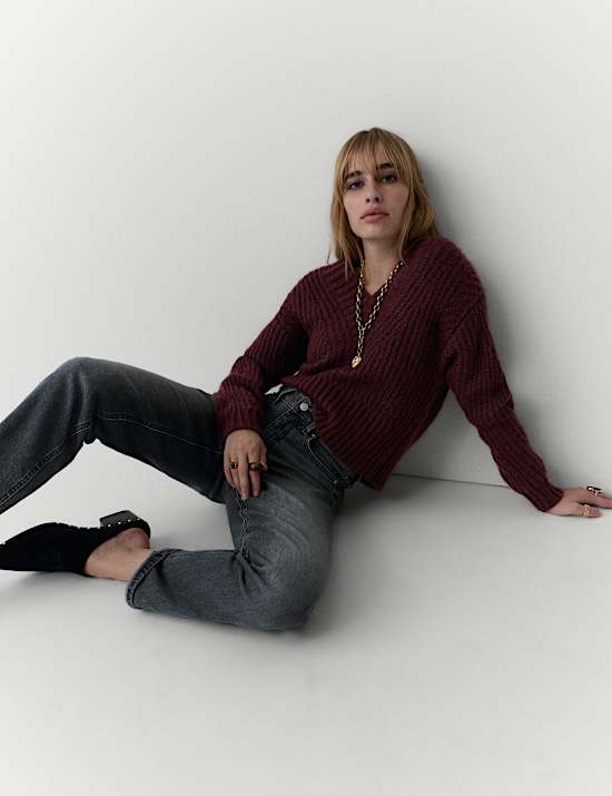 Ribbed V-Neck Puff Sleeve Jumper with Wool