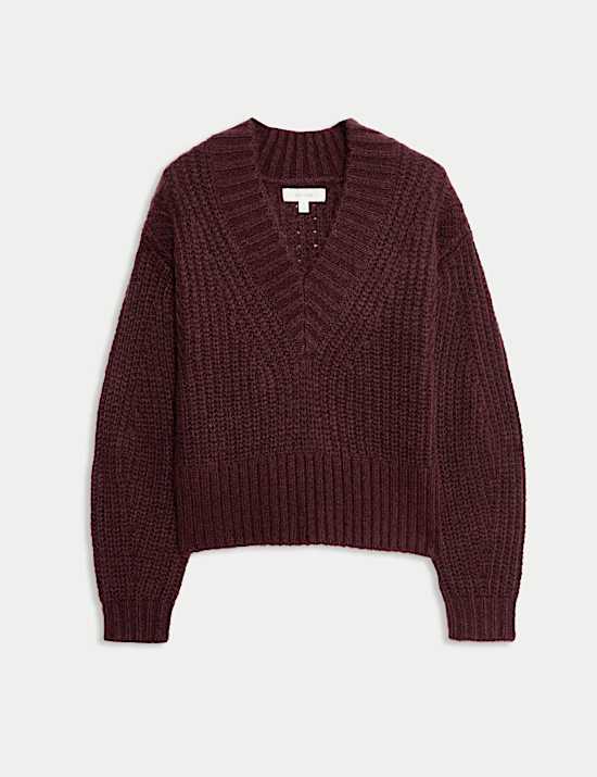 Ribbed V-Neck Puff Sleeve Jumper with Wool