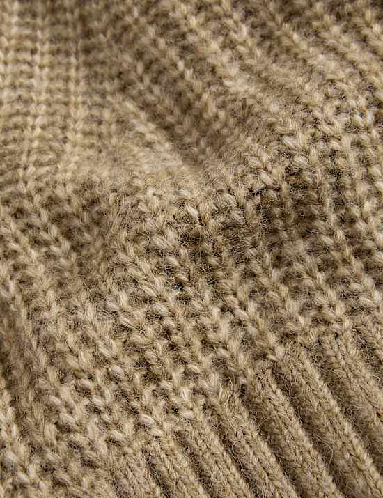 Ribbed V-Neck Puff Sleeve Jumper with Wool