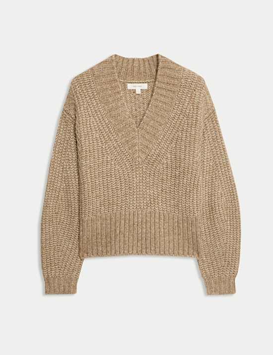 Ribbed V-Neck Puff Sleeve Jumper with Wool