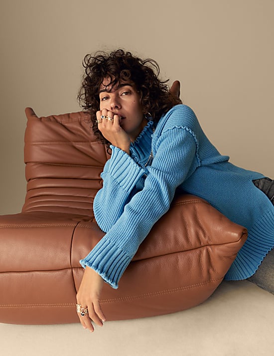 Cotton Rich Textured High Neck Jumper