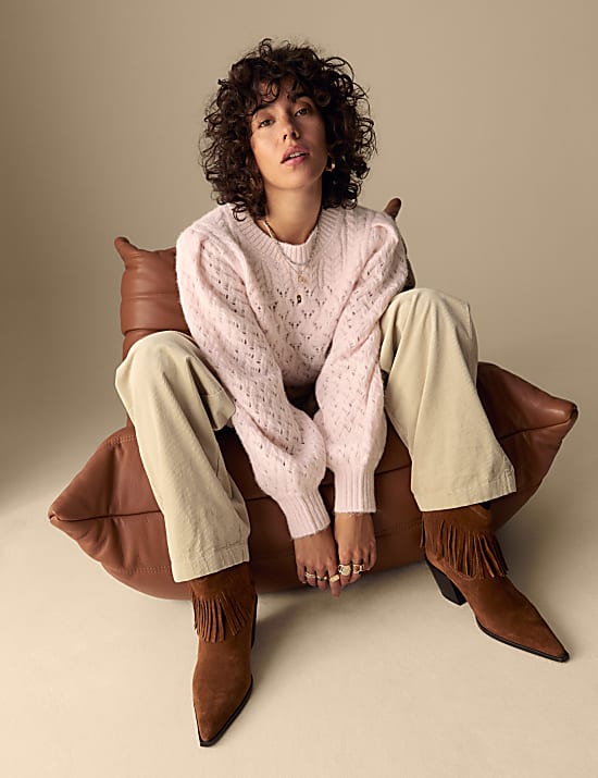 Cable Knit Puff Sleeve Jumper with Alpaca