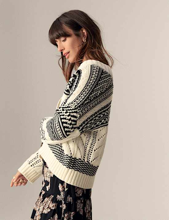 Cotton Rich Striped Textured V-Neck Cardigan