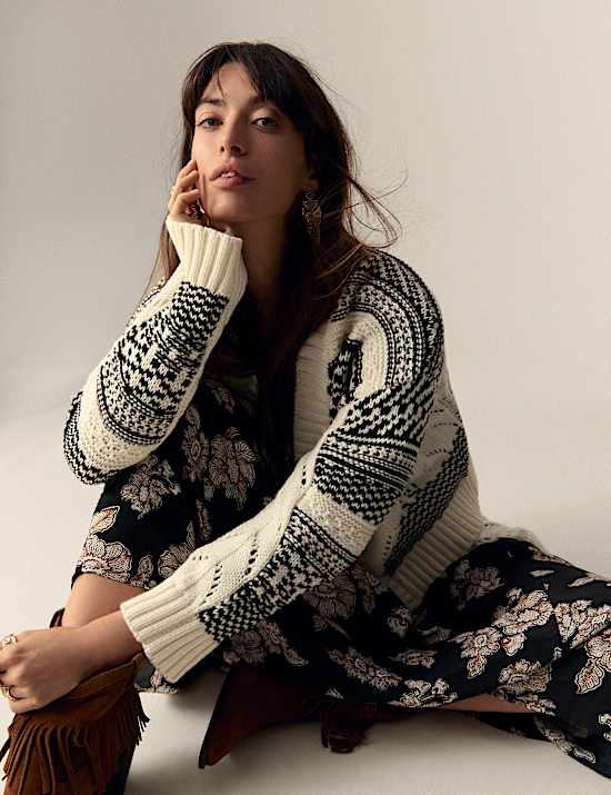 Cotton Rich Striped Textured V-Neck Cardigan