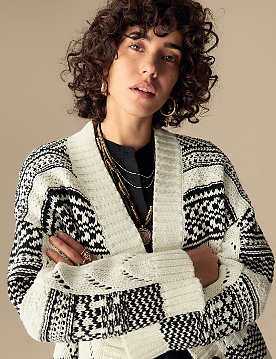 Cotton Rich Striped Textured V-Neck Cardigan