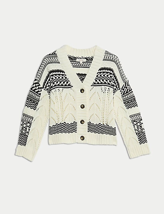 Cotton Rich Striped Textured V-Neck Cardigan