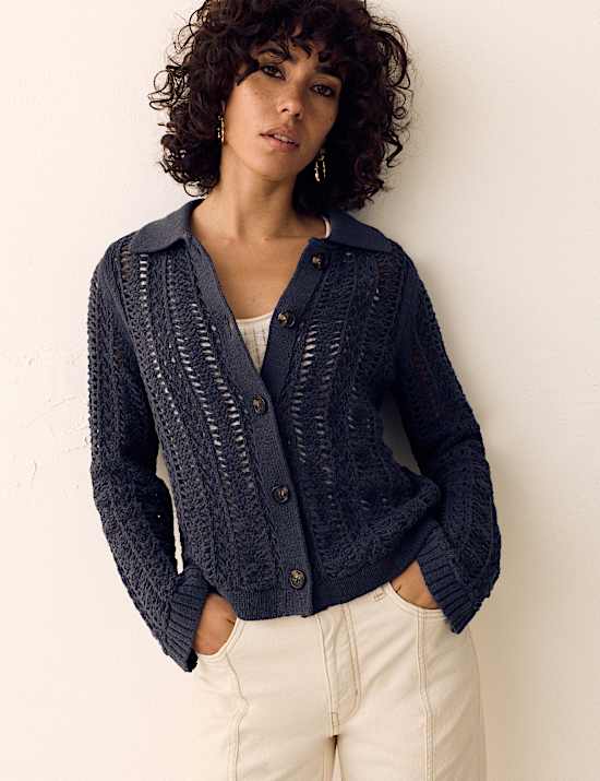Cotton Rich Textured Collared Cardigan