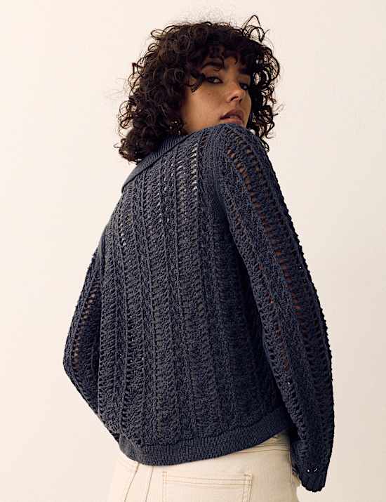 Cotton Rich Textured Collared Cardigan