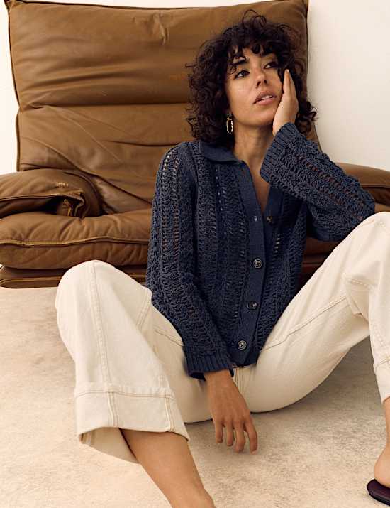 Cotton Rich Textured Collared Cardigan