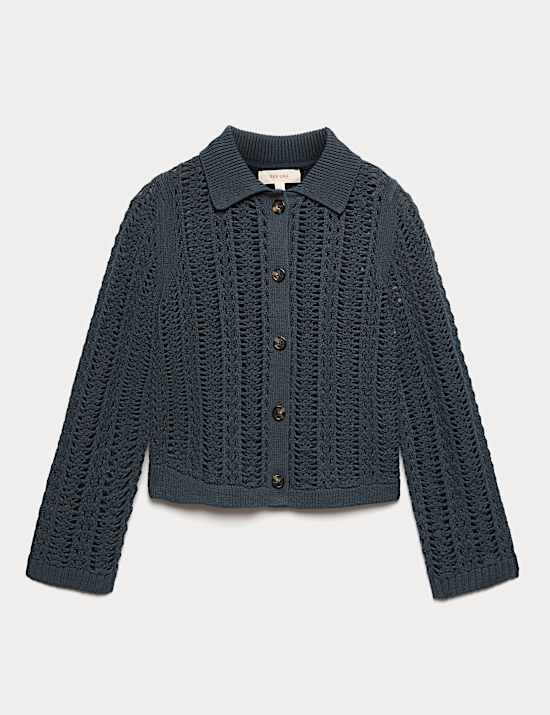 Cotton Rich Textured Collared Cardigan