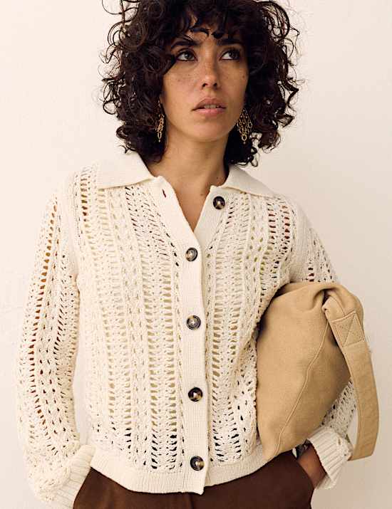Cotton Rich Textured Collared Cardigan