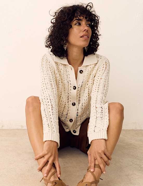 Cotton Rich Textured Collared Cardigan