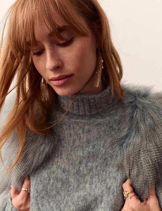 Balloon Sleeve Roll Neck Jumper with Wool