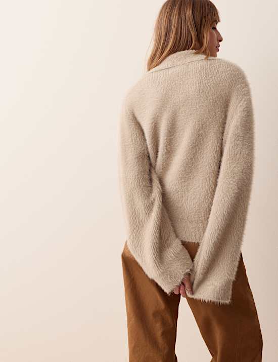 Fluffy Polo Neck Button Detail Jumper