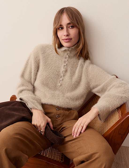 Fluffy Polo Neck Button Detail Jumper