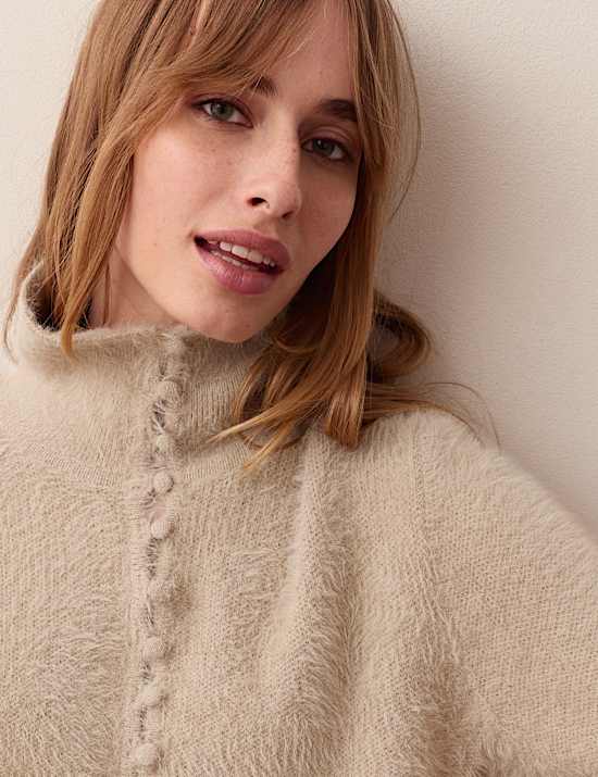 Fluffy Polo Neck Button Detail Jumper