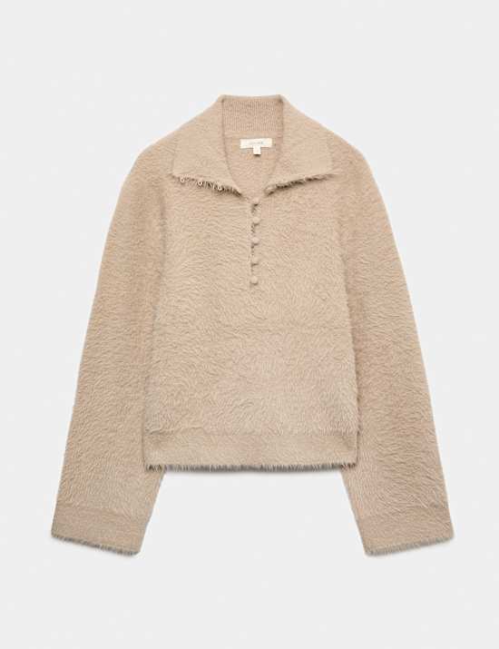 Fluffy Polo Neck Button Detail Jumper