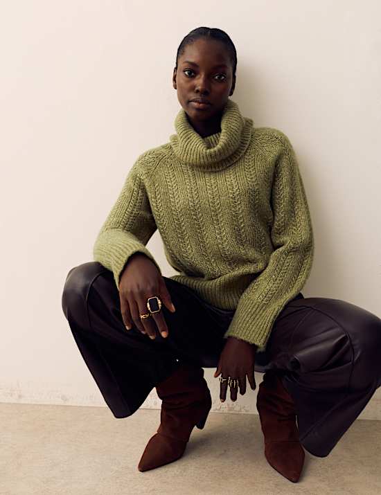 Pointelle Roll Neck Jumper with Wool