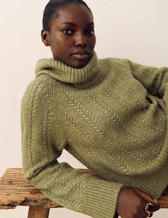Pointelle Roll Neck Jumper with Wool