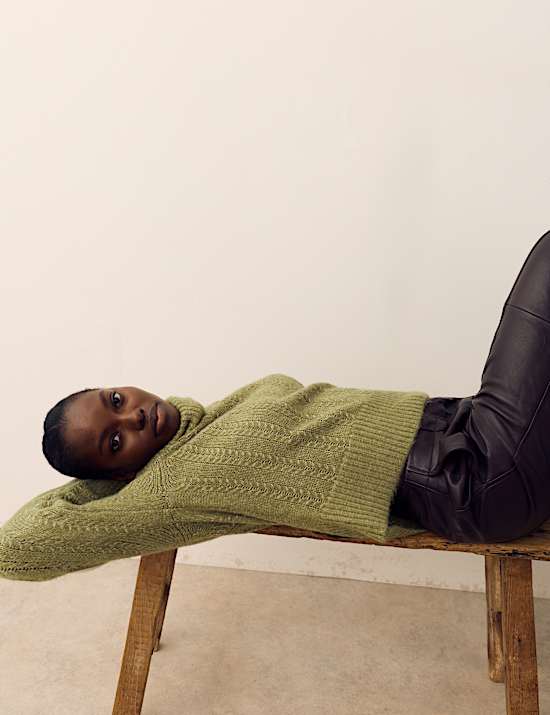 Pointelle Roll Neck Jumper with Wool