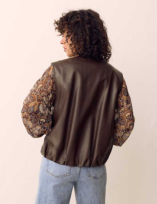 Veste sans manches en similicuir &agrave; ourlet bouffant